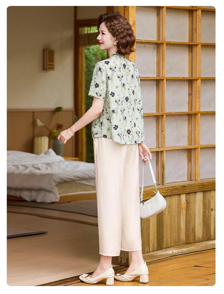 Mom's Chinese Style Summer T-Shirt & Two-Piece Set for Middle-Aged and Elderly Women - New 2026 Design