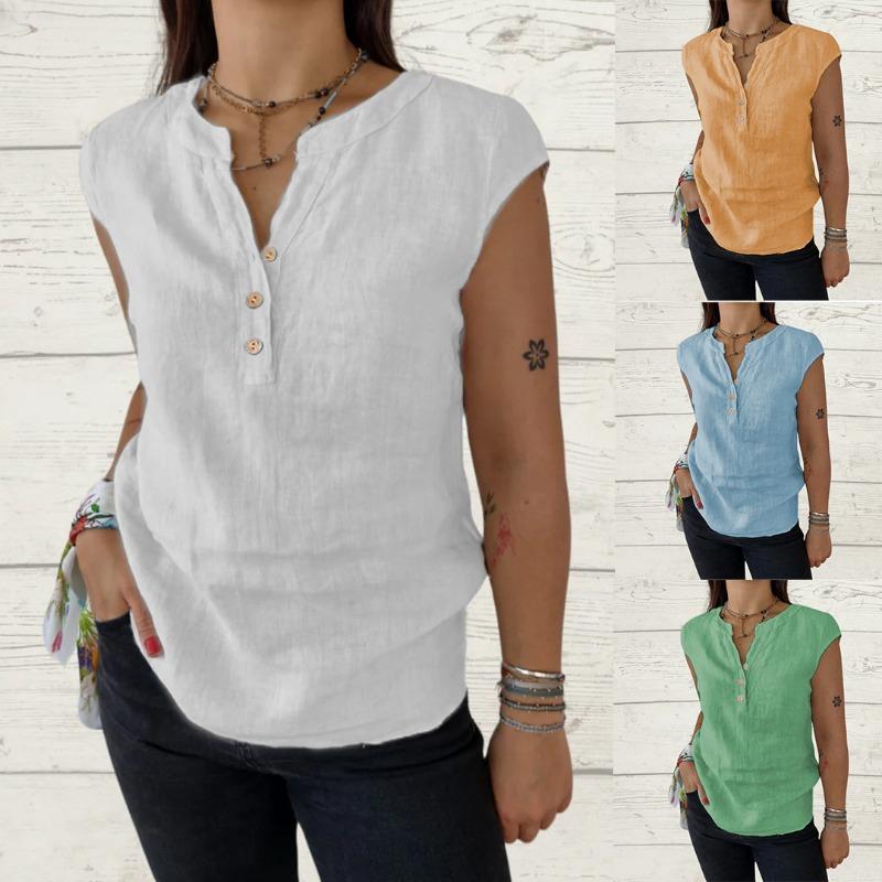 Nová dámská košile s výstřihem do V, knoflíky, volného střihu, jednobarevná a bez rukávů