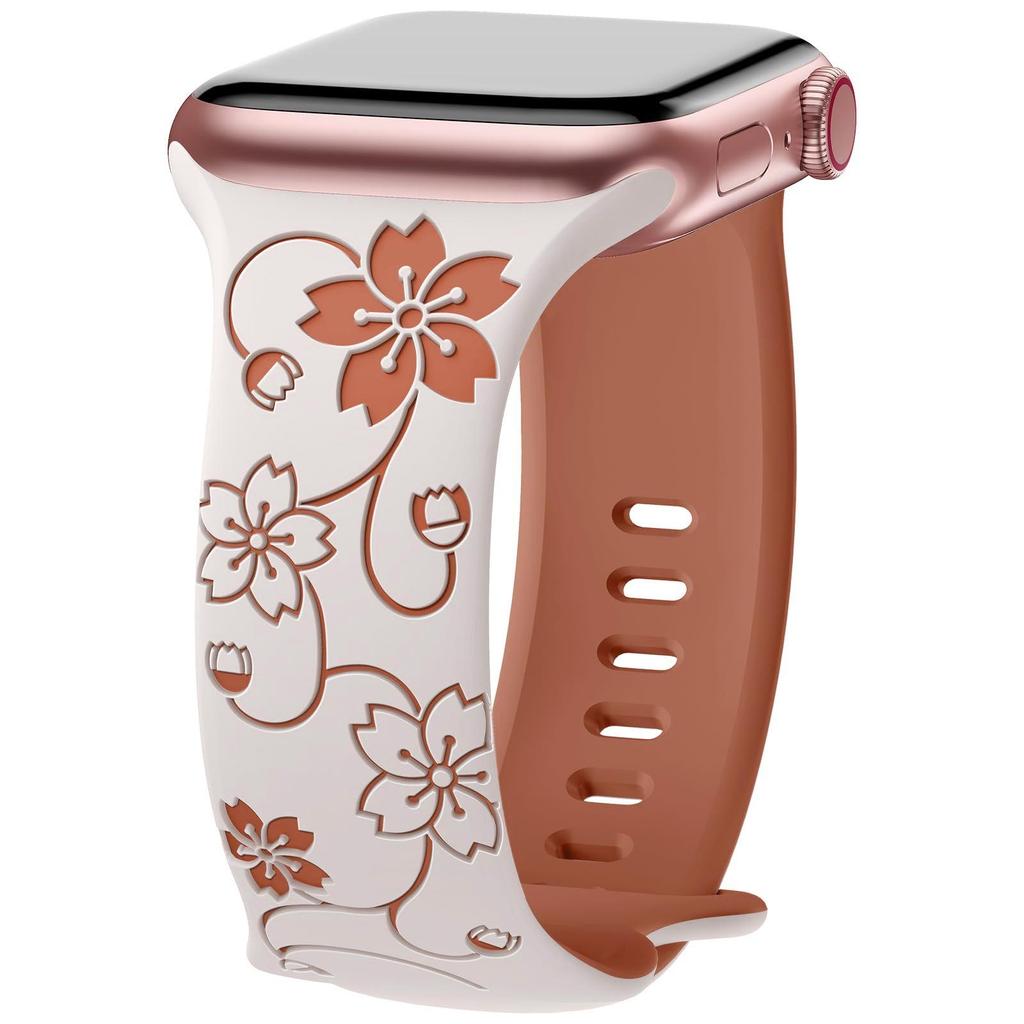 Compatible with Apple Watch: Laser Engraved Two-Color Floral Butterfly Silicone Strap with 3D Design