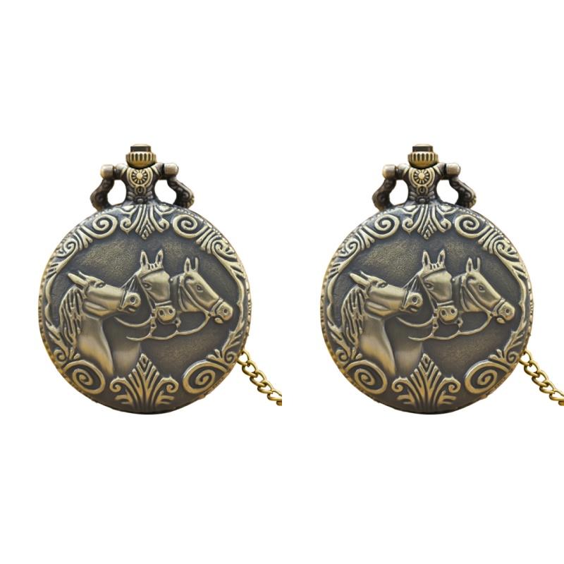 Steampunk Vintage Bronze Quartz Pocket Watch Animal Horse Carved Necklace Pendant Clock Chain Men Women Chain Gift