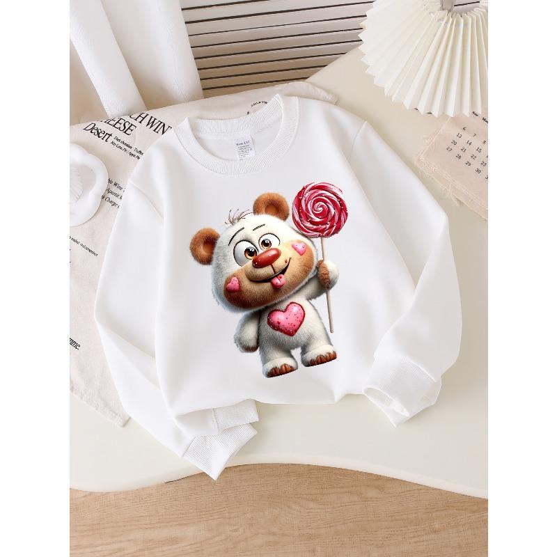 Adorable Crewneck Sweatshirt for Girls Featuring a Bear with a Lollipop Heart, Suitable for Machine Washing
