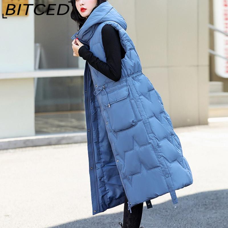 BITCED Women's Plus Size Long Down-Filled Quilted Vest with Hood, Thickened Sleeveless Coat for Autumn/Winter