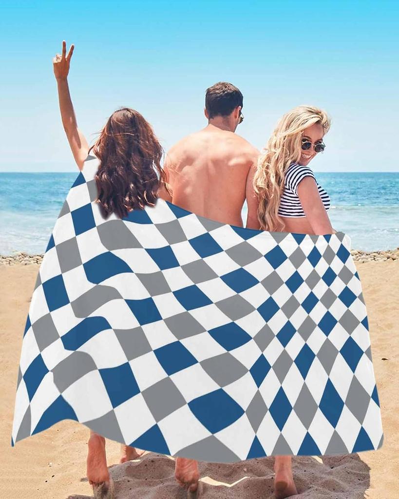 Beach Towel Gray Blue Plaid Bath Pool Towels Geometric Diamond Shapes Soft Absorbent Beach Towel Lightweight Large Quick Dry