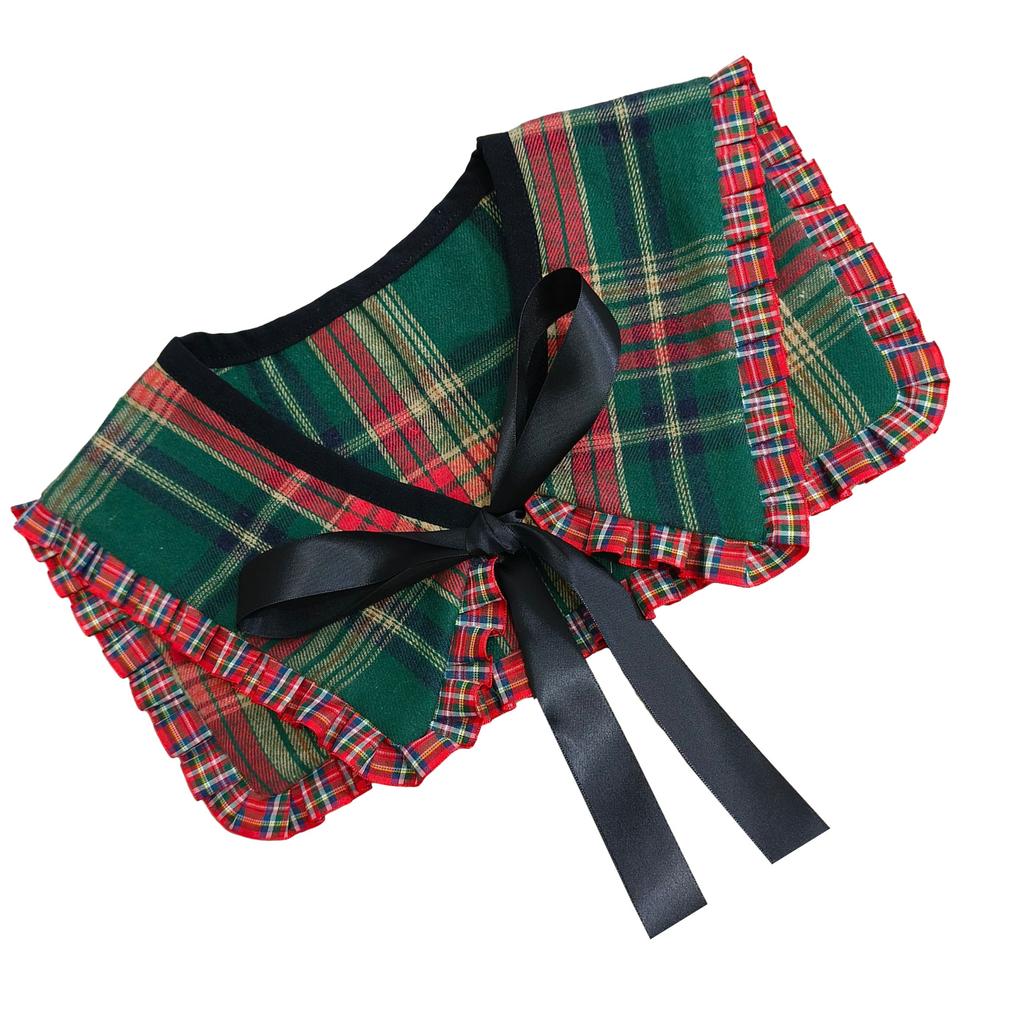 Women Vintage Checkered Plaids False Collar Sweet Ruffled Trim Elegant Lapel Shawl Scarf Bows Tie Mini Ponchos Capelet