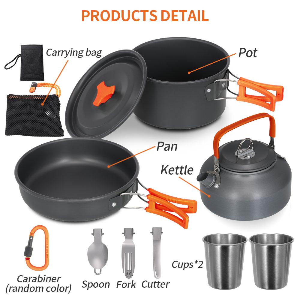 Camping Cookware Set Lightweight Portable Pan Kettle Cups Spoon Fork Cutter for Picnic Hiking Teapot Cookware Travel Cooking Set