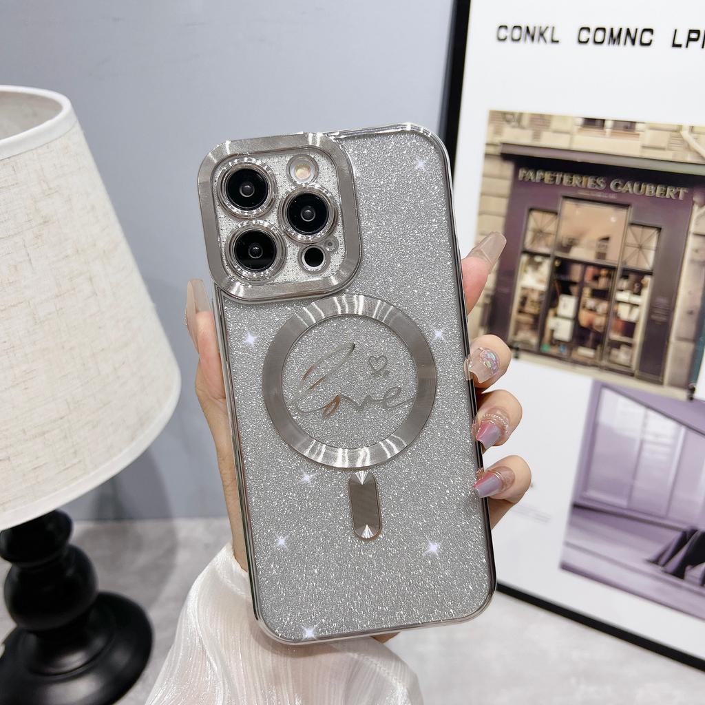 Electroplated Magnetic Soft Case for iPhone 15 Pro Heart Full Coverage Ins Apple 17 Gradient Glitter Phone Case Cover