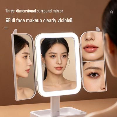 Dual-Door LED Makeup Mirror with Rechargeable, Foldable, Rotatable Multi-functional Storage and Three-Color Lighting.