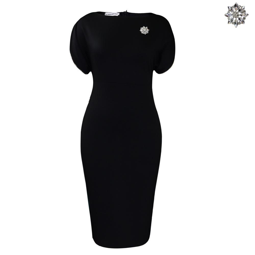 Women's Round Neck Short Sleeve Midi Pencil Dress Slim Fit High Waist Elegant Solid Color Office Dress With Brooch