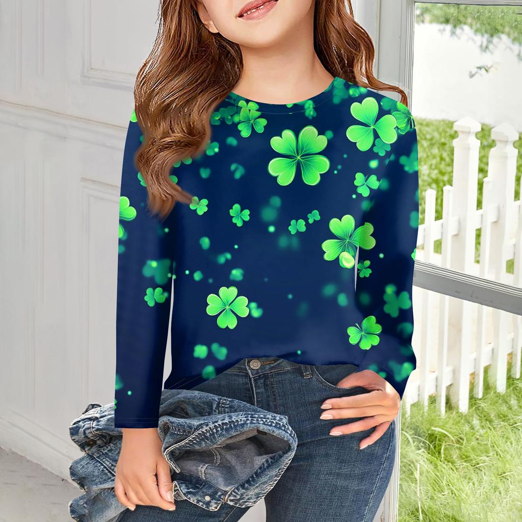 Flickor Långärmade T-shirts Barn Hösttoppar Rundhals Tryckta Bas T-shirts Saint Patrick's Day