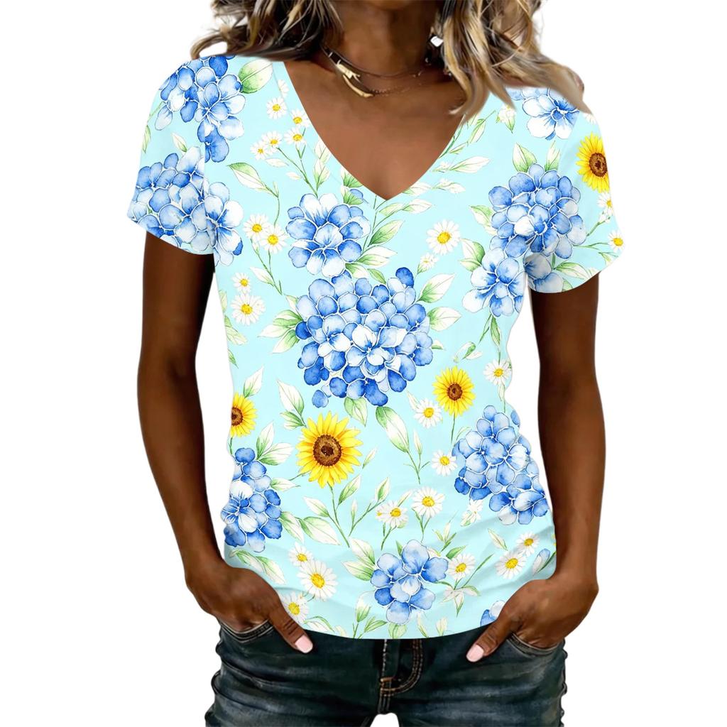 Women V Neck Short Sleeve Floral Print Casual T Shirt Top Comfortable Lightweight Loose Fit Summer Wear for Daily Office Travel