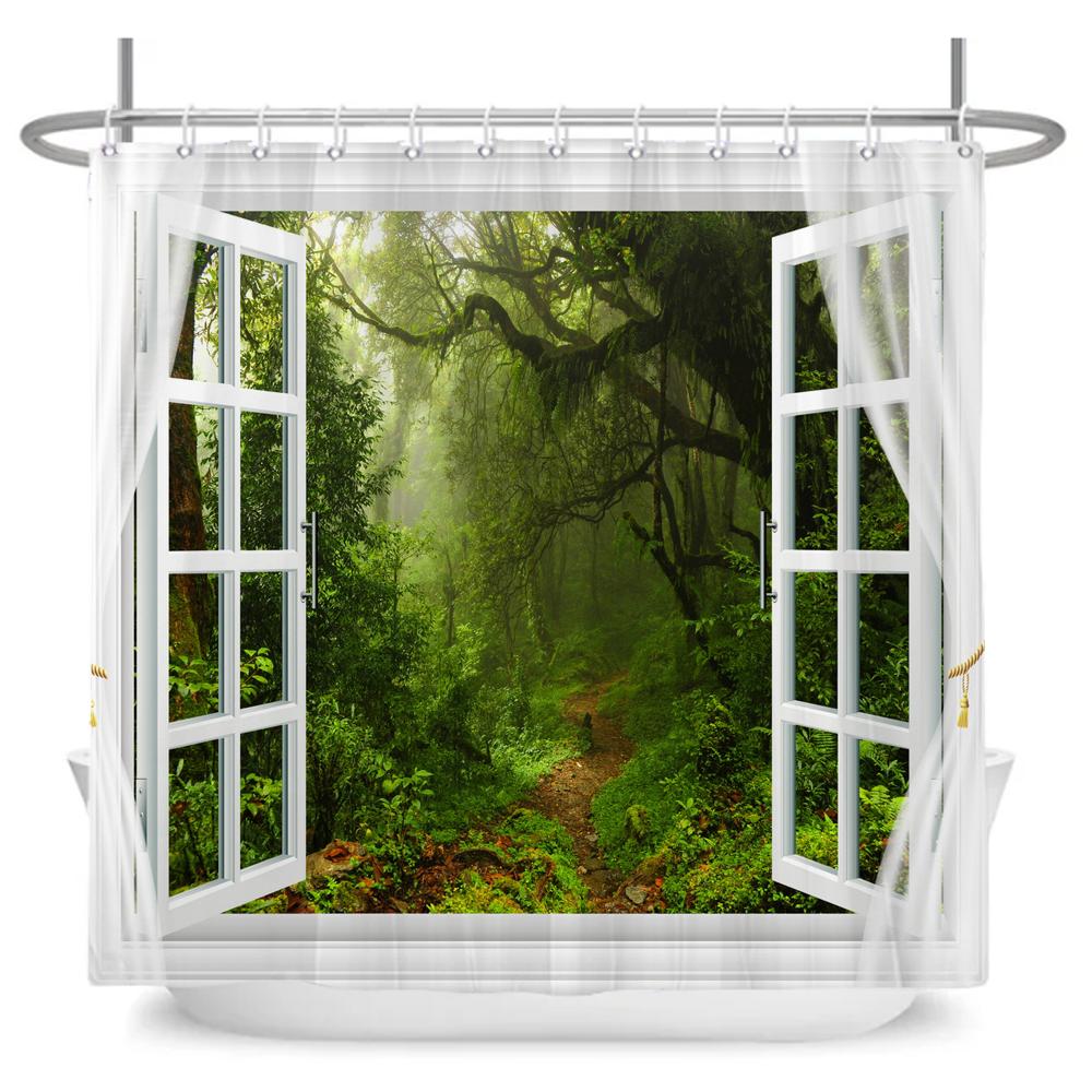 3D Forest Waterfall Landscape Bath Curtain Window Scenery Curtain Spring Nature Rainforest Shower Curtains for Bathroom Decor