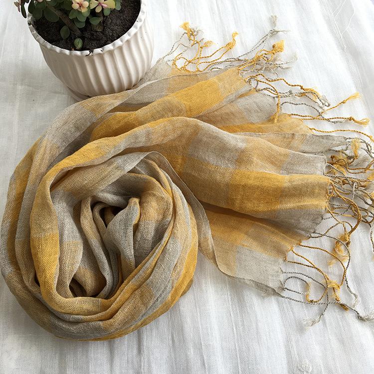 Yellow Plaid Linen Scarf Thin Versatile Shawl Summer Japanese Women'S Sunscreen Silk Scarf