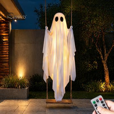 Hanging Ghost Decor Swinging Halloween Decoration, LED Light Up Large Spooky Weighted Fabric with Remote Control for Outside Garden Yard Porch