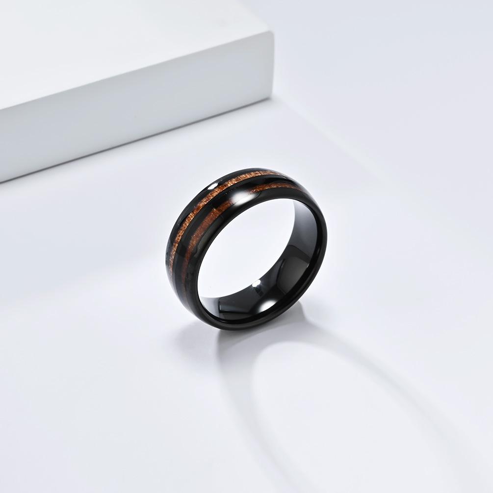 2026 Tungsten Steel Parquet Leather Ring Ring Tungsten Gold Fashion High-end Double Groove Wood Couple Ring