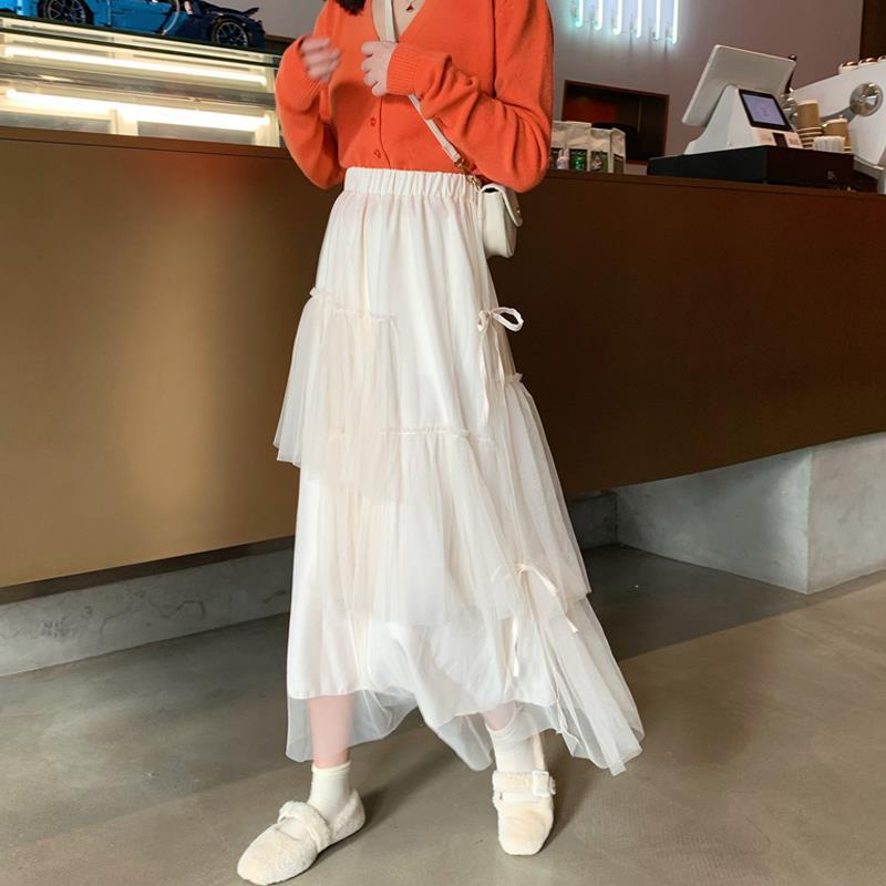 

Асимметричная миди-юбка А-силуэта с высокой талией и многоярусной сеткой для женщин - Осенняя облегающая юбка-торт половинной длины L абрикосовый