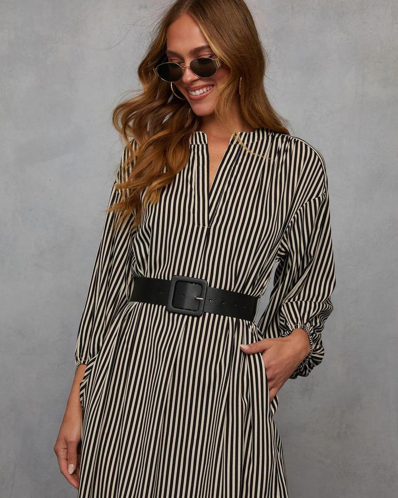 European and American Women's V-Neck Striped Belt Shirt Dress - Autumn 2025 Fashion
