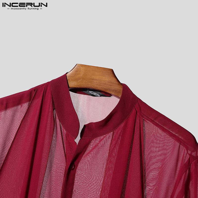 INCERUN Men Stand Neck Short Sleeve Double Layers Buttons Mesh Sheer Casual Shirts