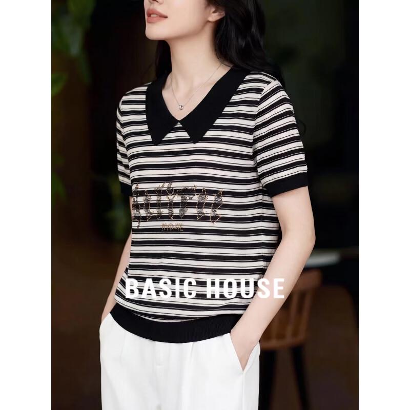 Basic House Women s Striped Rhinestone Doll Collar Short Sleeve T-Shirt XXL