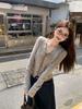 Women's Retro Tie-Up Design Long-Sleeve Textured Cropped T-Shirt for Autumn/Winter