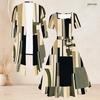 Women Plus Size Two Piece Set Abstract Printed Square Neck Short Sleeve Belted Flared Dress 3 4 Sleeve Open Front Cardigan