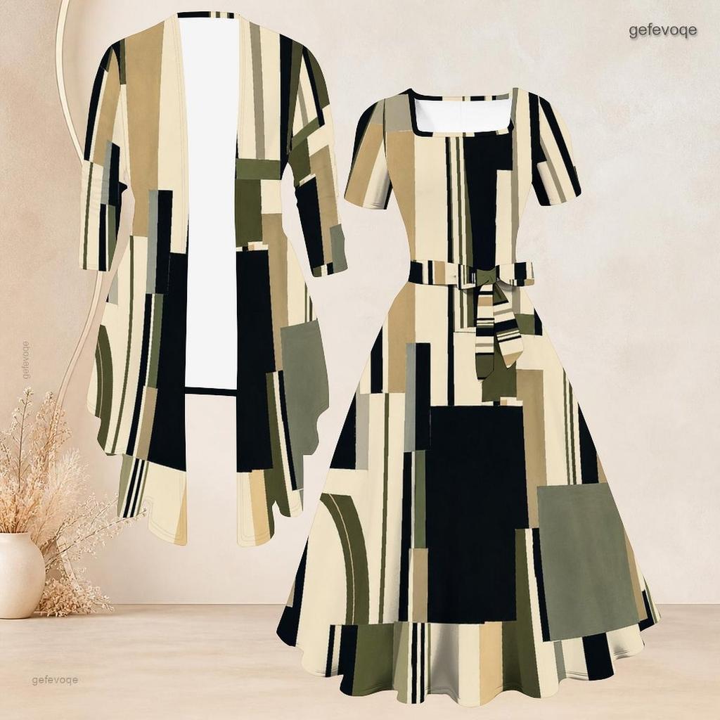 Women Plus Size Two Piece Set Abstract Printed Square Neck Short Sleeve Belted Flared Dress 3 4 Sleeve Open Front Cardigan