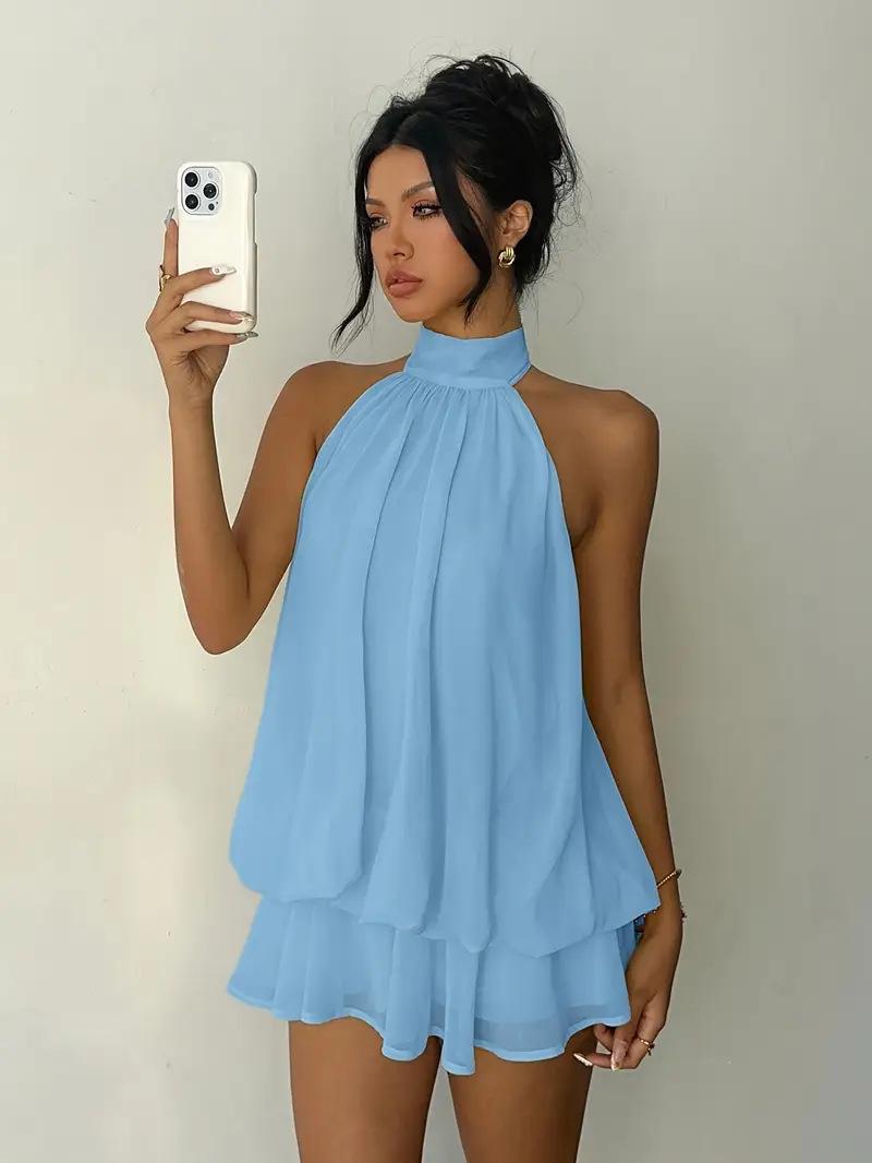 Damen Cross-Border Neckholder Kleid mit Rückenausschnitt, Taillenband und fließendem kurzen Rock S himmelblaue