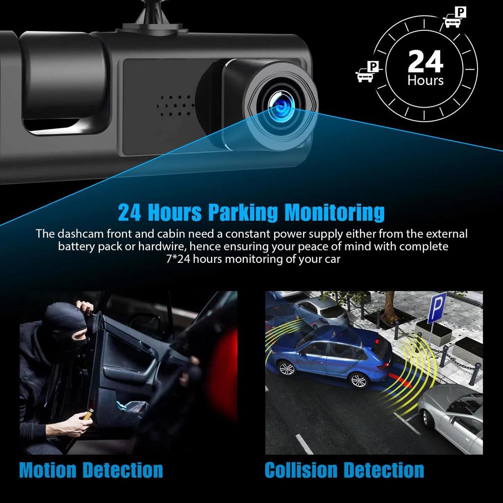 3 Channel Dash Cam for Car Camera Video Recorder Dashcam DVRs Black Box Dual Lens DVR with Rear View Camera 24H Parking Monitor
