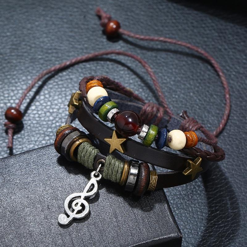 Multilayer Leather Bracelet Handmade Beaded Bracelet Musical Note Bracelet Vintage Hollow Star Bracelet (Multicolor)