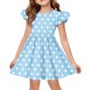 Girls Short Sleeve Ruffle Polka Dot Dress Soft Cotton Crewneck Casual A Line Dress for Kids Summer Outfits