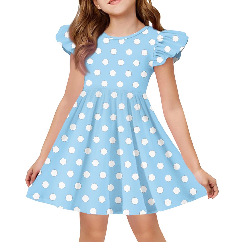 Girls Short Sleeve Ruffle Polka Dot Dress Soft Cotton Crewneck Casual A Line Dress for Kids Summer Outfits