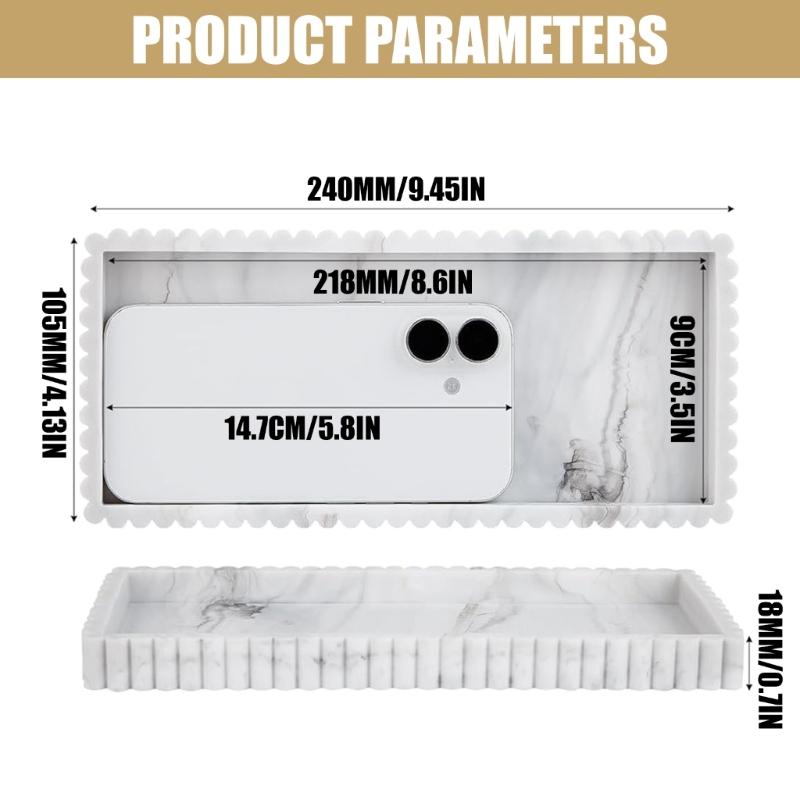 Sink-Side Tray for Bathroom or Kitchen Counter, Freestanding Catchall with Raised Scalloped Border for Soap and Bottles