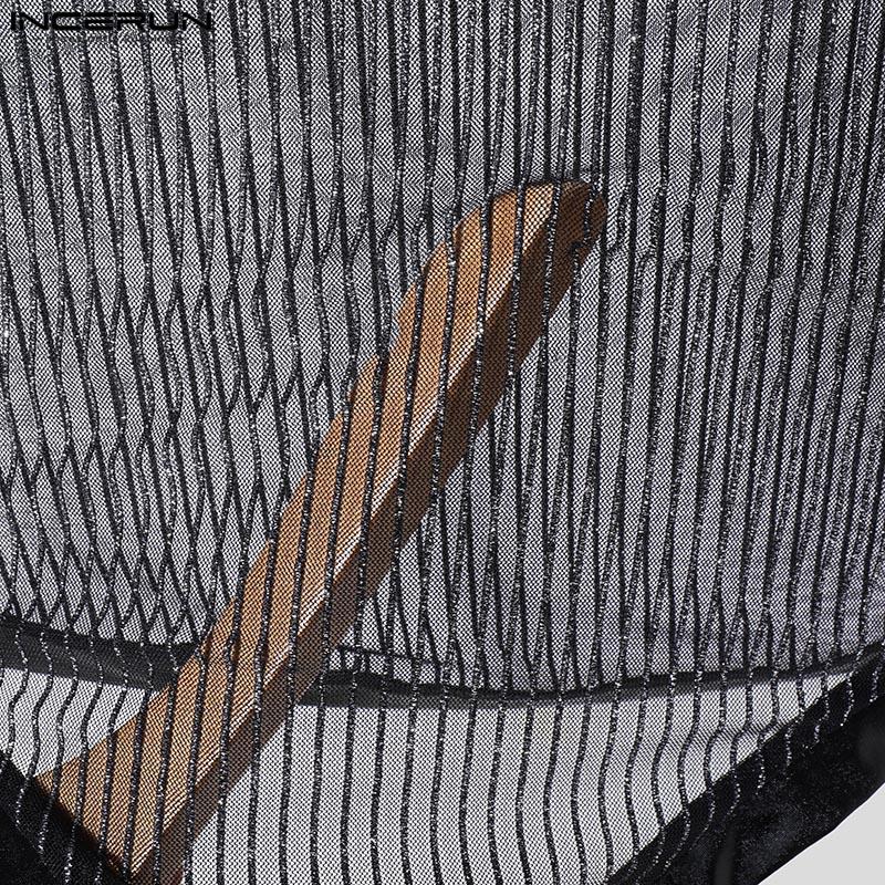 INCERUN Men Summer Strap Sleeveless Glitter See Through Mesh Party Irregular Tank Tops