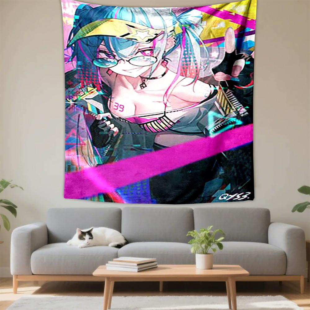 Futuristic Anime Girl in Neon Colors Patterned tapestry for bedroom and living room home decor