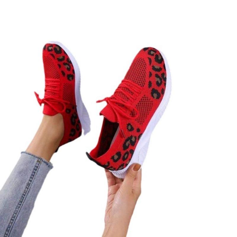 Sieviešu apavi pavasarim un rudenim jauni leoparda apdruka lidojoši austi ķīļpapēži sietiņa ikdienas sporta apavi sievietēm