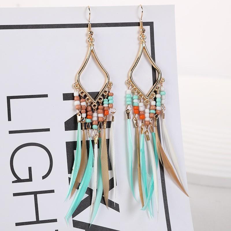 Vintage Bohemian Feather Tassel Earrings Exaggerated Ethnic Vacation Dangle Ear Jewelry Fashion Accessories For Women