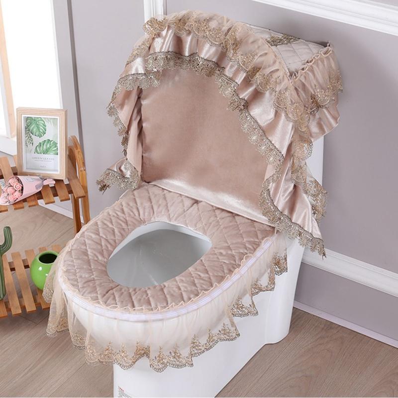Red Lace Toilet Cover Set Universal Toilet Seat Cover and Water Tank Cover Quilting Design Waterproof and Stain Resistant Toilet Decoration Mats