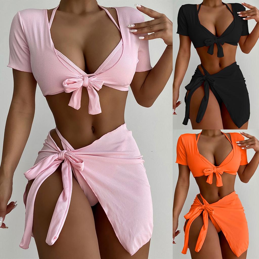 Women Sexy Fashion Bikini Solid Color Four Piece Swimsuit