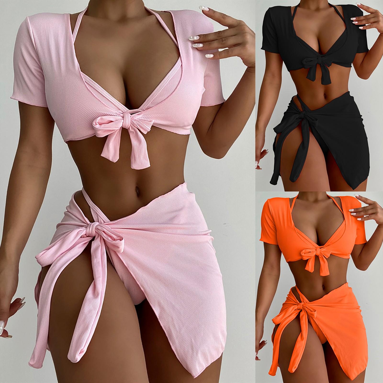 

Women Sexy Fashion Bikini Solid Color Four Piece Swimsuit M рожевий