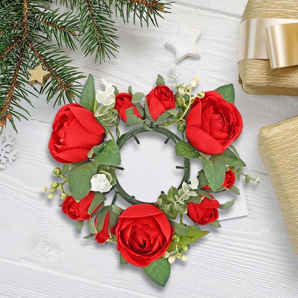 Pillar Candle Ring Artificial Wreath Pillar Candle Holder Greenery Rose Wreath for Easter Table Living Room Party Halloween