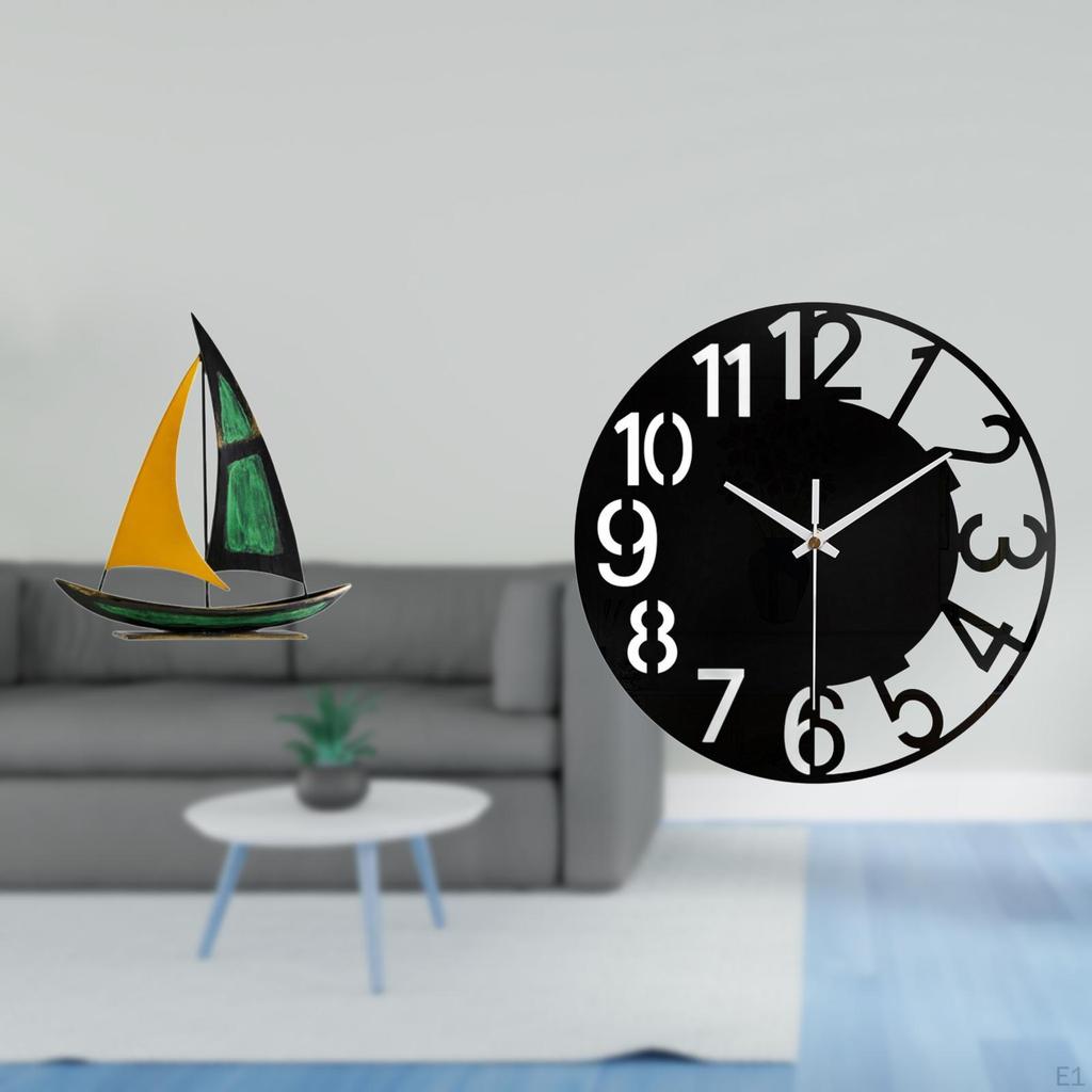 Iron Sailboat Acrylic Wall Clock Sculpture Tabletop Ornament Feng Shui Decor Collection Silent Easy