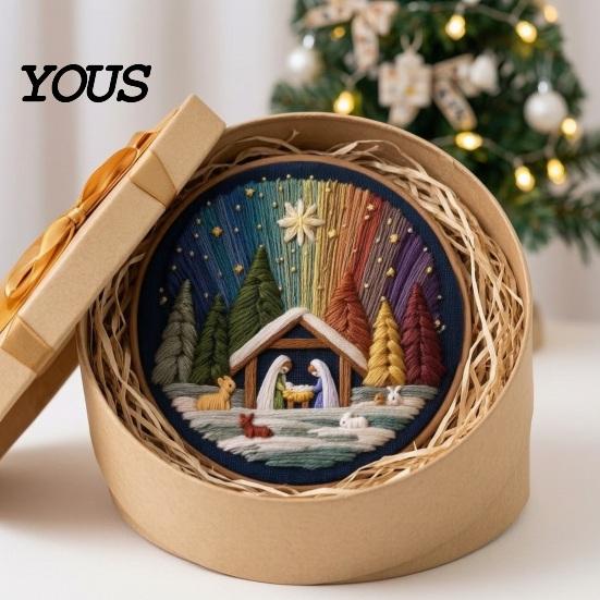 Polyester Embroidery Fabric Nativity DIY Kit, Manger Scene Hand Patterns Christian Needlepoint Craft Kit for Beginners, Religious Home Decoration