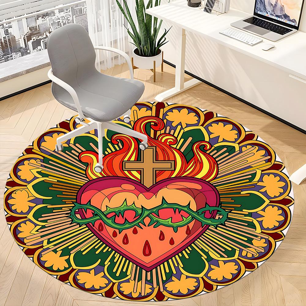1pc Sacred Heart Carpet, Round Non Slip Durable Large Size Office Carpet, Suitable for Office