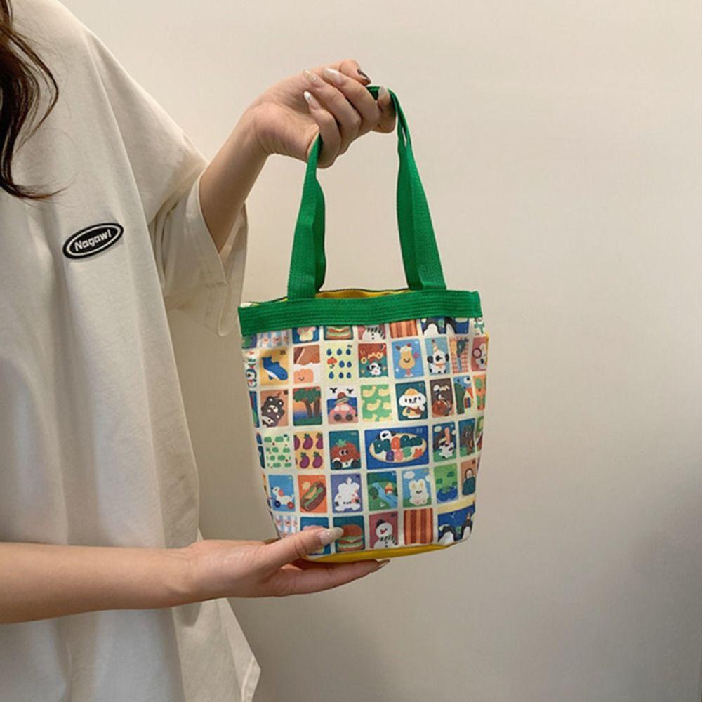 Cartoon Printed Graffiti Bucket Bag Lovely Cylinder Students Carry Lunch Bag Canvas Women Handbag