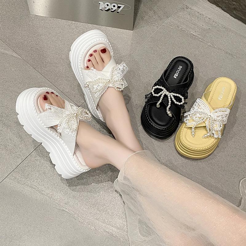 2025 Summer New Slippers Women's Lace Bow Gentle Temperament Small Fresh Wear Comfortable Beach Slippers
