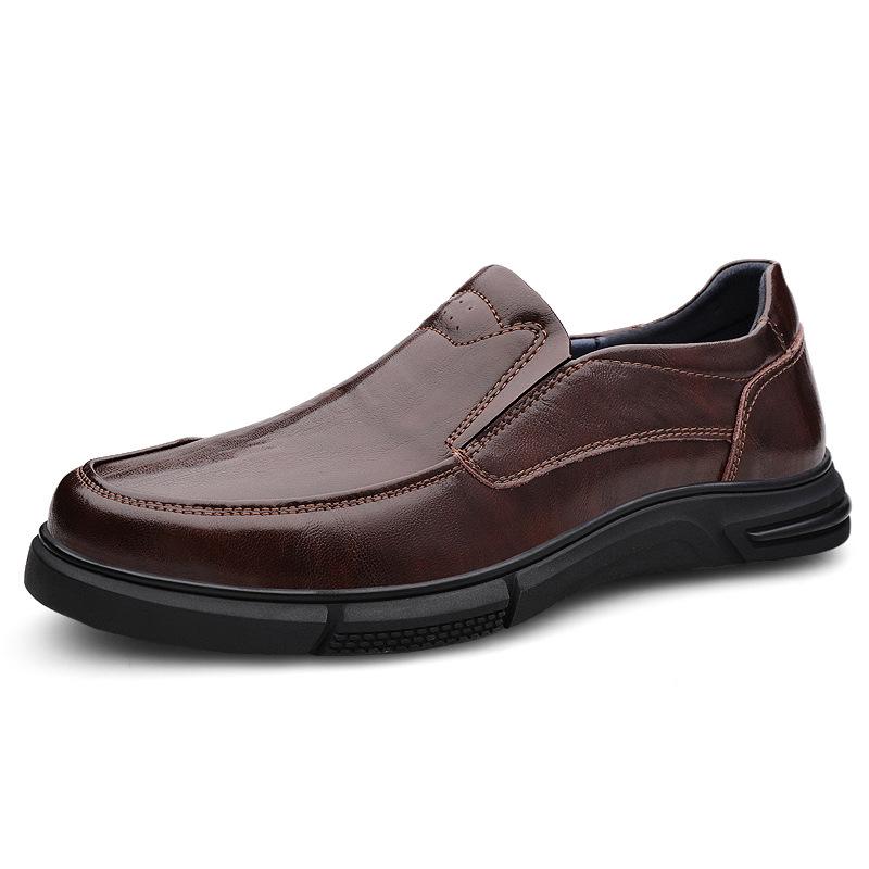 Men's Genuine Leather Cowhide Slip-On Business Casual Shoes - Non-Slip, Breathable, Soft Sole for Middle-Aged and Elderly.