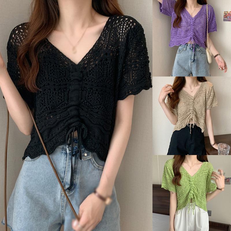 

Женский вязаный свитер, тонкая солнцезащитная блузка с завязками и топ с короткими рукавами