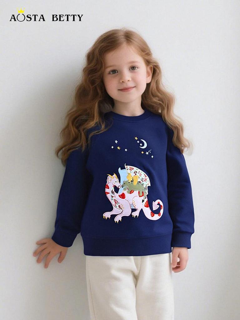 New Autumn Girls' Dinosaur Patch Sweatshirt - Cute European & American Style Pullover for Kids