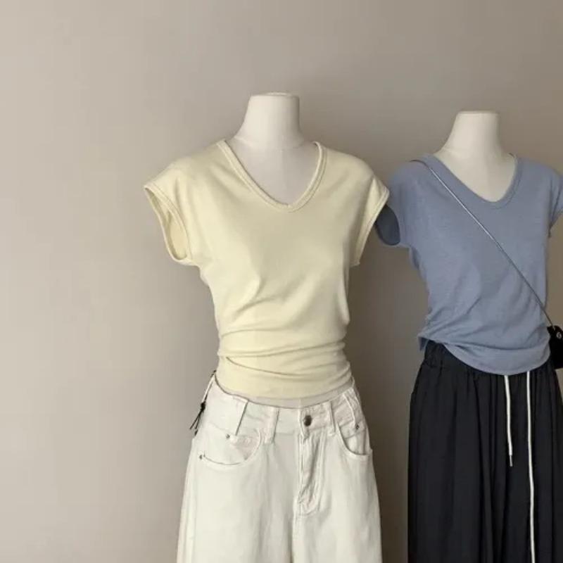 Womens Casual V Neck Ruched Waist Cap Sleeve Slim Fit T Shirt S жёлтый