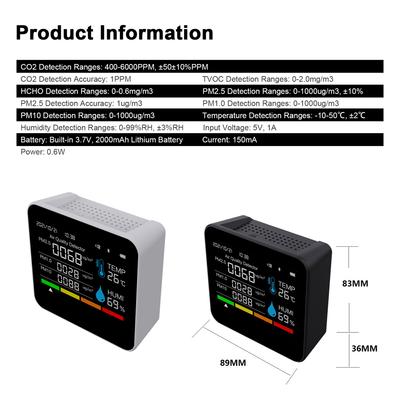 9 In 1 BT Air Quality Monitor CO2 Meter Carbon Dioxide Detector Time/Date CO2 TVOC HCHO PM2.5 PM1.0