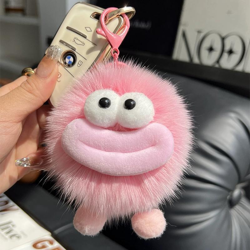 [Cute Big Mouth] Fox Hair Small Coal Ball Keychain Pendant, Pom-pom Doll, Doll Back Bag Pendant
